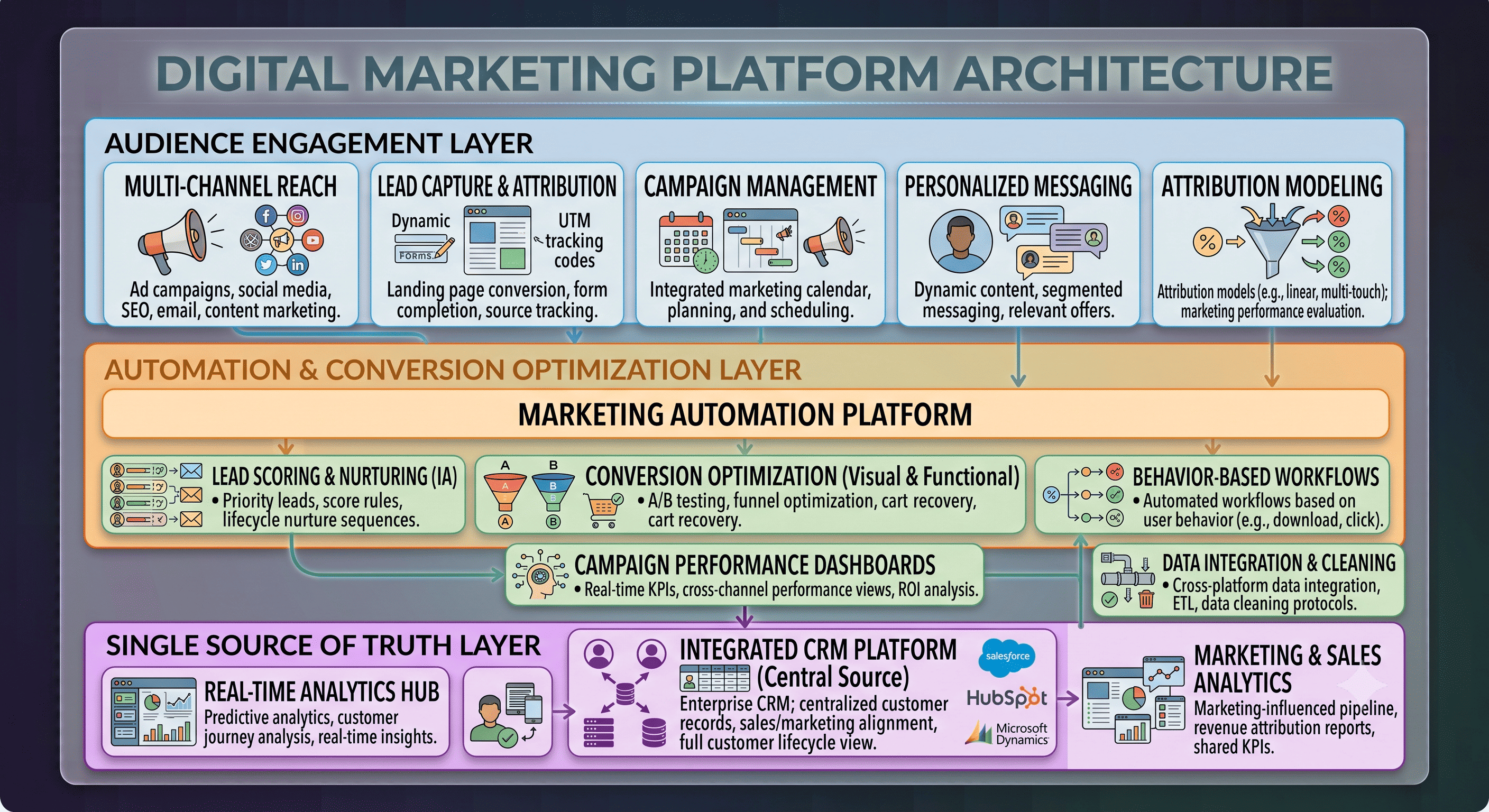 Digital Marketing Platform Architecture Diagram: Audience Engagement Layer, Automation & Conversion Optimization Layer, Single Source of Truth Layer